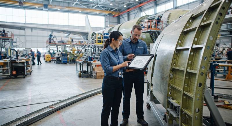 Dos ingenieros revisando documentación técnica junto a una estructura aeronáutica